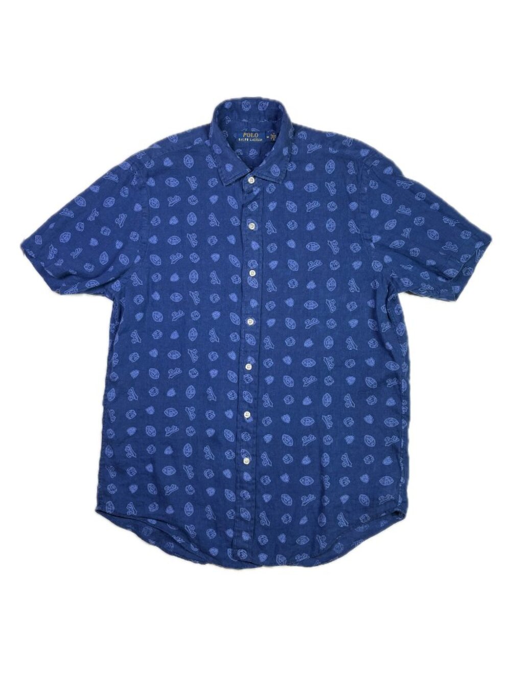 Polo Ralph Lauren Size M Short Sleeve Linen Blue Shirt Football